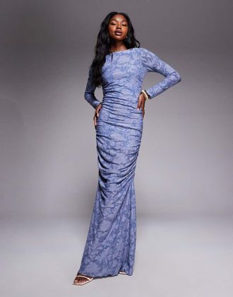 Asos Vestito lungo a maniche lunghe arricciato blu acceso dévoré