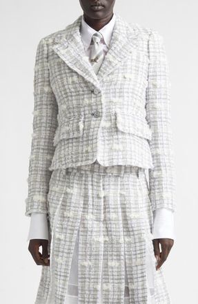 Thom Browne Crop Sculpted Shoulder Pouf Tweed Jacket in Medium Grey at Nordstrom, Size 8 Us