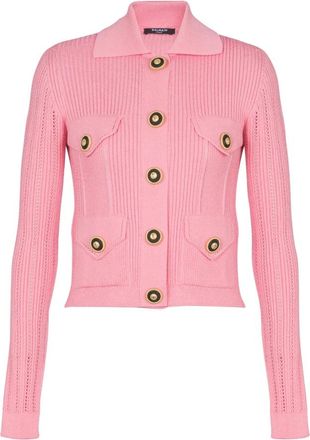 Balmain Geknipte geribbelde gebreide vest met ajourdetails - Dames - Vesten - Roze - 2XS - Polyester - Truien & Vesten