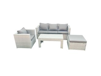 Fimous Rattan Garden Furniture Set 4 Pieces Outdoor Garden Sofa Oblong Coffee Table Set with Chair Big Footstool Light Grey Mixed
