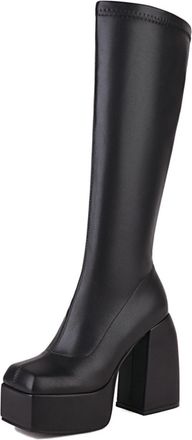 Generic Womens Knee-High Platform Block Heel Boots PU Leather Round Toe Side Zipper White Black Stylish Comfortable For Party Casual And Daily Wear,Black,3.5 