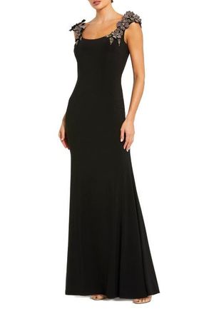 Mac Duggal Jersey Scoop Neck Gown with 3D Flower Details in Black at Nordstrom, Size 14