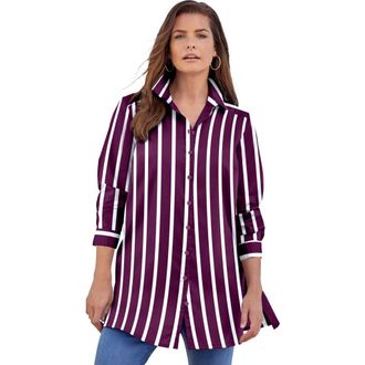 Roaman's Kate Long-Sleeve Crisp Cotton-Blend Button-Front Tunic in Dark Berry Stripe at Nordstrom, Size 32