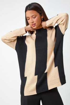Roman Split Stripe High Neck Longline Jumper