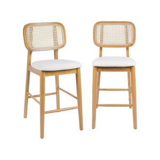 Sweeek Taburete de bar de madera de hevea con rejilla y tela, set de 2