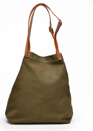 Aspesi Military Green Canvas Leather Handles Cotton Shopper Bag