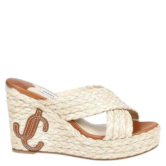 Jimmy Choo London Dovina 100 Raffia Wedge Sandals, Brand Size 34 ( US Size 4 )