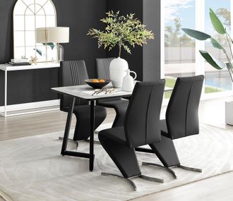 Furniturebox Carson White Marble Effect Dining Table & 4 Willow Chairs in Black