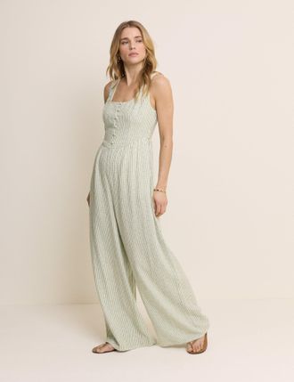 Nobody's Child Green Pinstriped Linen-Blend Cora Jumpsuit
