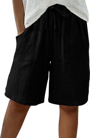 Generic Linen Shorts for Women UK Summer Knee Length Bermuda Shorts Baggy Straight Wide Leg Ladies Short Pants Casual Drawstring Beach Tracksuit Bottoms with 
