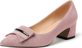 EDEFS Women Pointed Toe Block Heel Pumps Slip on Low Heels Pointed Toe Court Shoes Classic Buckle Design 2 Block Heeled Shoes Suede Pink UK2