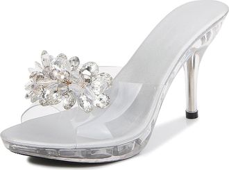 Generic Silver,7.5 UK,Womens Crystal Stiletto High Platform Heel Peep Open Toe Sandals Mules Slippers Rhinestones Slingback Slip-on Wedding Party Dress Shoes