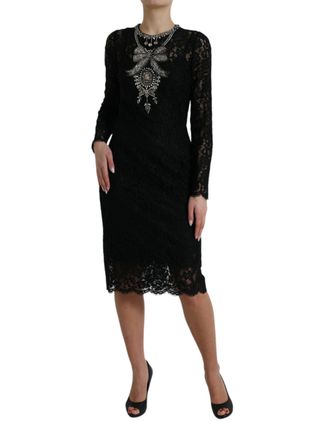 Dolce & Gabbana Womens Black Lace Crystal Embellished Sheath Dress Nylon Cotton Viscose