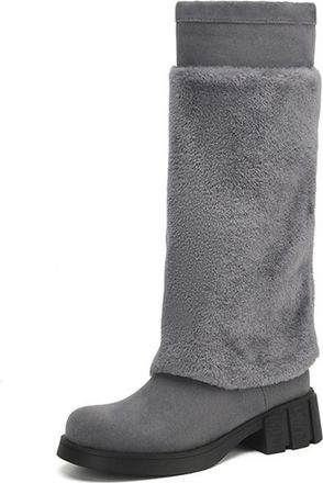Generic Womens Pull on Long Boots Round Toe Faux Suede Knee High Boots Low Block Heel Western Boot,Grey,3.5 UK