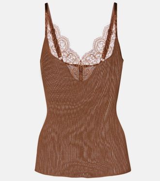 Saint Laurent Lace-trimmed ribbed-knit silk tank top