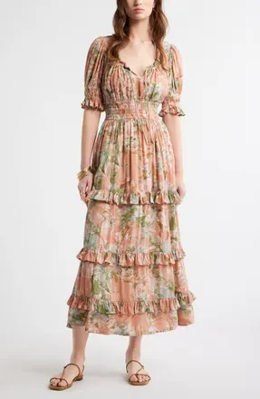 Treasure & Bond Smock Waist Ruffle Trim Tiered Maxi Dress in Coral- Blue Rose Bloom at Nordstrom, Size Xx-Small