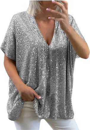 Generic Womens Dress Shirts Long Sleeve Shirt 2025 Tops Sequin T Shirt Plus Size Womens Sequin Top Shiny Shirt Formal Casual Loose Deep V Short Sleeve Top Lon