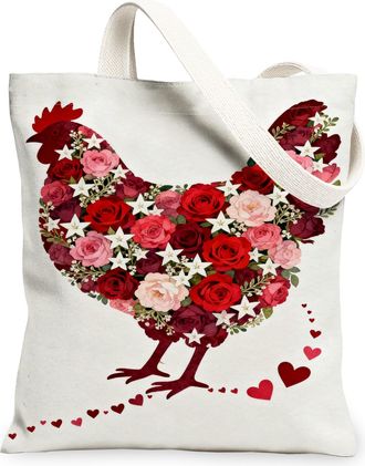 Generic Floral Chicken Canvas Tote Bags, Designer Rose Pattern Reusable Grocery Bags, Spring Vintage Lightweight Washable Shoulder, White, 13x15 Inch