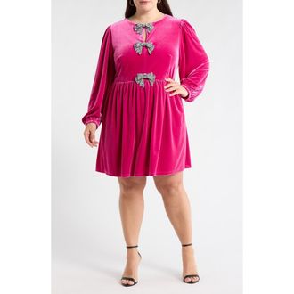 Sugarlips Glow Bow Velvet Long Sleeve Dress in Hotpink at Nordstrom, Size 1X