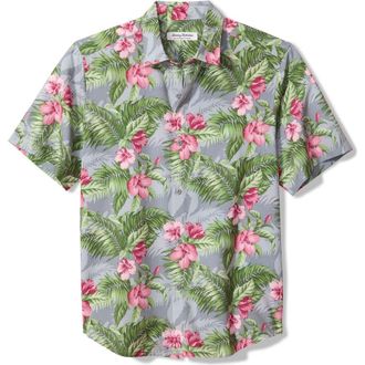 Tommy Bahama Bahama Coast Hibiscus Shade Floral IslandZone Short Sleeve Button-Up Shirt in Alloy Steel at Nordstrom, Size Xxx-Large