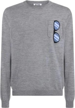 Moschino Extra-fijne Merinowol Intarsia Trui - Heren - Ronde hals truien - Grijs - M - Wol - Truien & Vesten