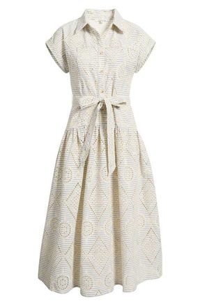 ZOE AND CLAIRE Stripe Eyelet Tie Waist Midi Dress in Cream at Nordstrom, Size X-Small