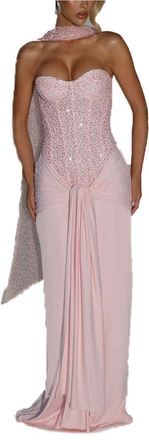 Generic Strapless Evening Gown Sexy Backless Sequin Maxi Dress for Women Formal Party Wedding Guest Bridesmaid Bodycon Long Dresses(Pink,S)