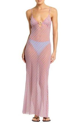 Bond-Eye Cindy Ring Detail Sheer Mesh Cover-Up Maxi Dress in Sunbaked Stripe at Nordstrom Rack, Size X-Small/small