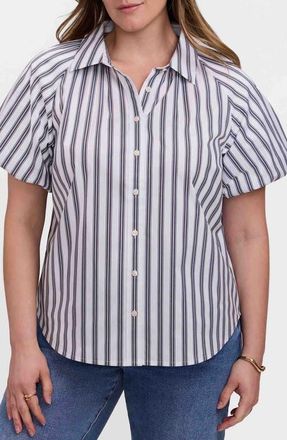 Foxcroft Paula Stripe Puff Sleeve Cotton Blend Button-Up Shirt in Black/White at Nordstrom, Size 1X