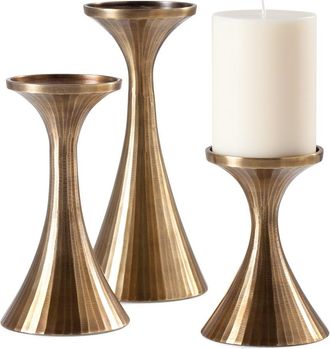 Torre & Tagus Tomar Antique Brass Ribbed Pillar Holders Set Of Three