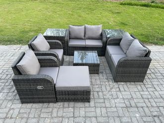 Fimous 7 Seater Rattan Sofa Set Outdoor Garden Furniture Set with Square Coffee Table Loveseat Sofa Reclining Chairs 2 Side Tables Big Footstool