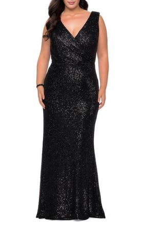 La Femme Long Sequin Plus Size Gown with V-Neck in Black at Nordstrom, Size 20W