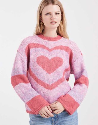 Pieces Maglione oversize rosa con stampa di cuori