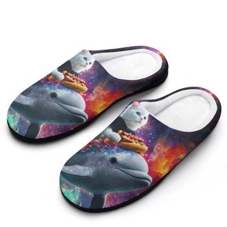 Generic Cat Riding on Dolphin Hot Dog Mens House Slippers Memory Foam Washable Cotton Slip on Home Shoes
