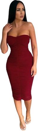Femme Luxe Ruched Strapless Bodycon Midi Dress - Vita - Wine - 10