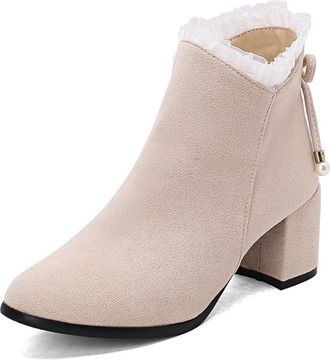 Generic Womens Suede Ankle Boots Round Toe Chunky Block Heels Ruffled Lace Trim Comfortable Non-Slip Wear-Resistant for Daily Casual Date Coffee Shop,Apricot,