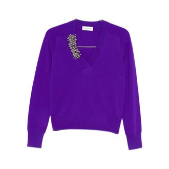 Dries Van Noten V-neck Knitwear, female, Purple, Size: S Purple V-Neck Sweater with Embellishment