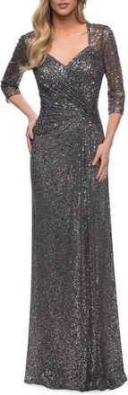 La Femme Sequin Evening Gown with Knot Detail on Front in Gunmetal at Nordstrom, Size 16