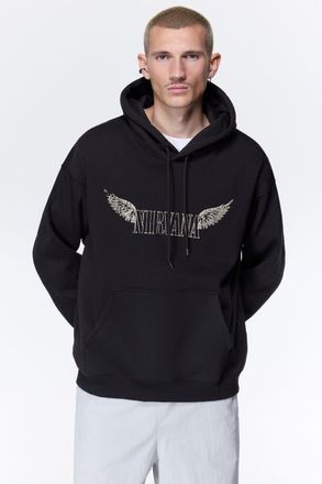 H&M Loose Fit Printed Hoodie in Black/nirvana at Nordstrom, Size Xx-Large