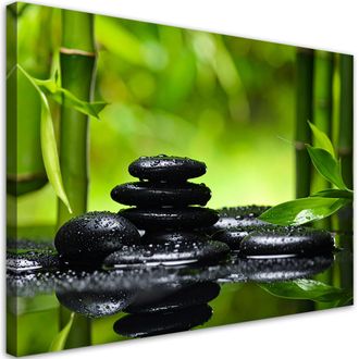Feeby Cuadro En Lienzo, Piedras Negras Hojas Bamb&uacute; Spa Zen, 100x70