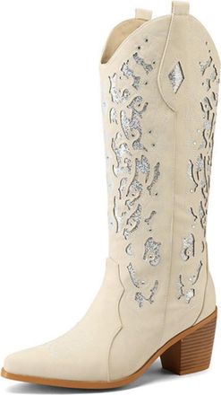 Generic Womens Knee High Embroidered Boots - Combining Western Cowboy and Equestrian Style with a Block Heel,Beige,6.5 UK