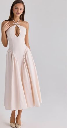 House of CB Lilli - Vestito midi in cotone color cipria con apertura a goccia-Rosa