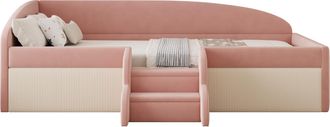 STILVORA Cama Div&aacute;n 90 X 190 Cm De Terciopelo Con Barandilla Y Escalera Antideslizante, Sin Colch&oacute;n, Rosa E Marfil