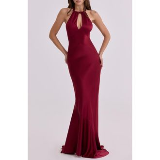 House of CB Oliviana Cutout Satin Halter Gown in Wine at Nordstrom, Size X-Small