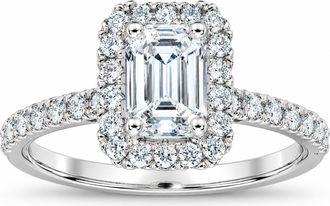 Pompeii3 1 1/2 Ct Emerald Cut Diamond Halo Engagement Ring 14k White Gold Lab Grown