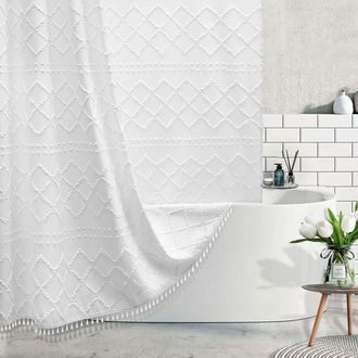 OEM Cortina De Ducha Bohemia Blanca Tejida Con Borlas - 183 X 183 Cm - Estilo R&uacute;stico Minimalista Moderno - Texturizada - Para Ba&ntilde;o