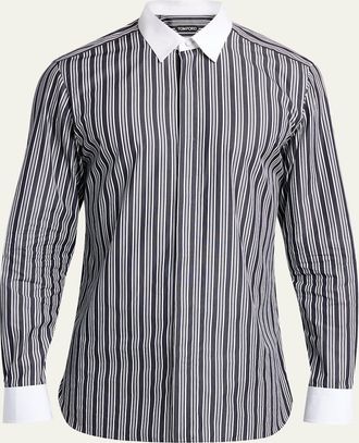 Tom Ford Mens Cotton Multi-Stripe Contrast-Trim Sport Shirt