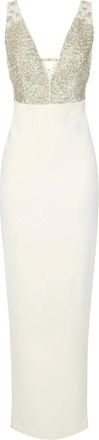 Elisabetta Franchi Kleedjes, Dames, Beige, L, Polyester, Red Carpet Jurk van Georgette en Cr&ecirc;pe Stoffen met Kristallen