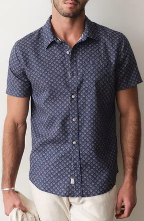 Marine Layer Better-Than-Linen Diamond Print Short Sleeve Button-Up Shirt in India Ink Diamond Print at Nordstrom, Size Xx-Large