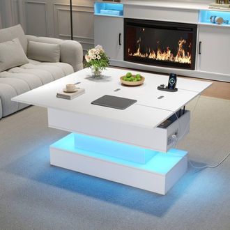 Matteo White Liftable Coffee Table with Power, USB & LED Storage